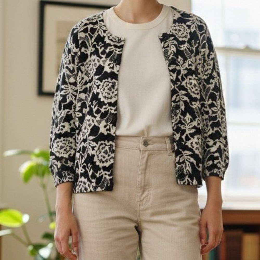 Designers Originals Cardigan PXL Black White Floral Jacquard Cotton Knit Sweater